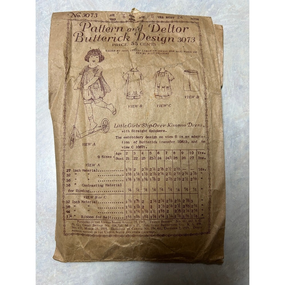 Antique 1920's Butterick Pattern #3073 Little Girls' Kimono Dress Size 6 Years